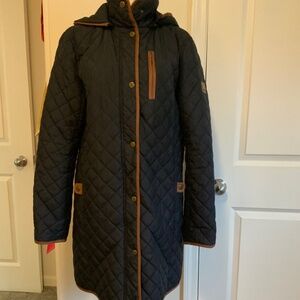 Ralph Lauren Navy Quilted Jacket With Brown Trim, Size Medium